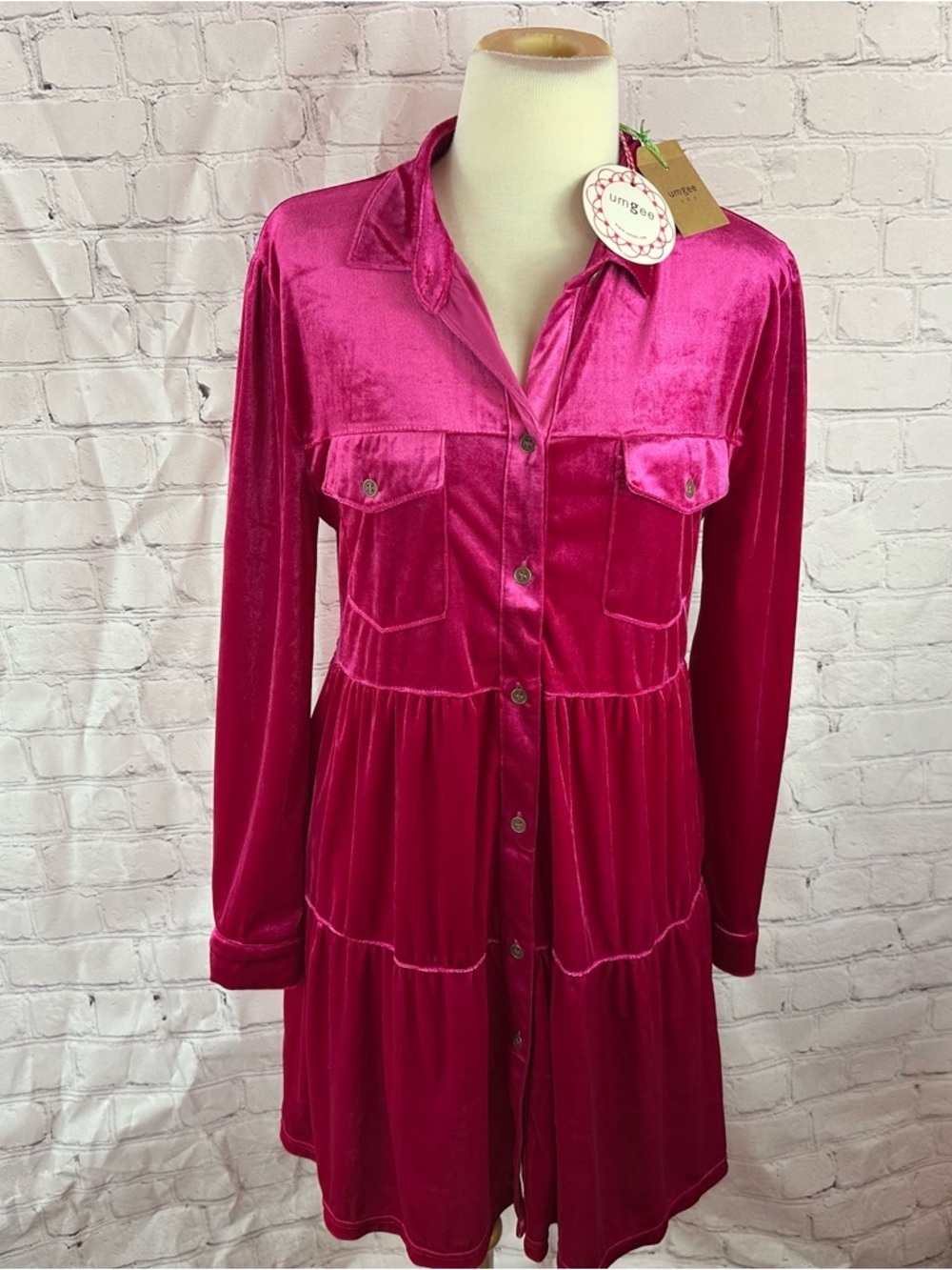 NWT BOUTIQUE Umgee Hot Pink velour Velvet tiered full skirt shirt Dress women S
